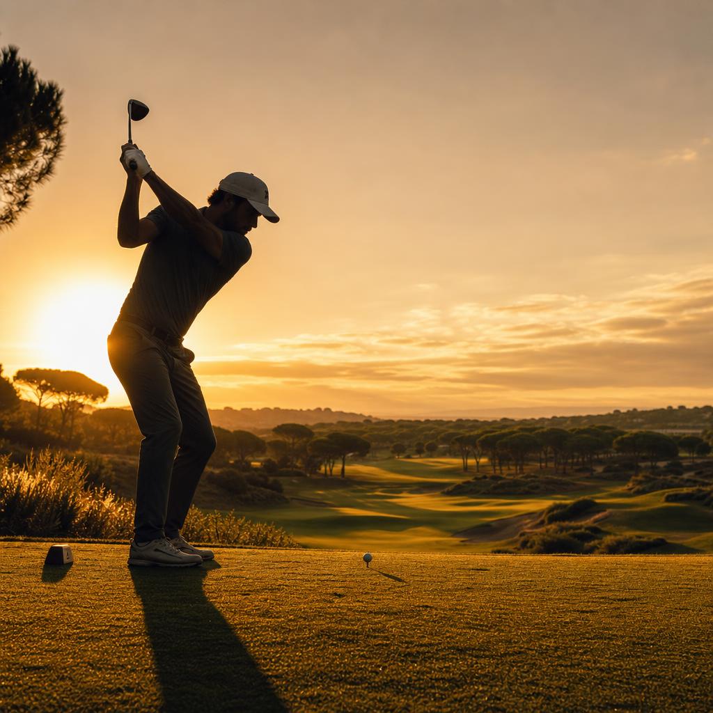 Golfer at the tee box at sunset